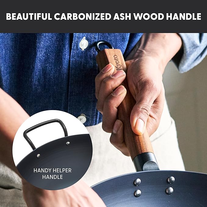 GreenPan Carbon Steel Wok 12”, Flat Bottom, Durable Stir-Fry Pan, Pre-Seasoned Nonstick Patina, High Heat Retention, Induction, Ash Wood Handle, Kyoto, Black