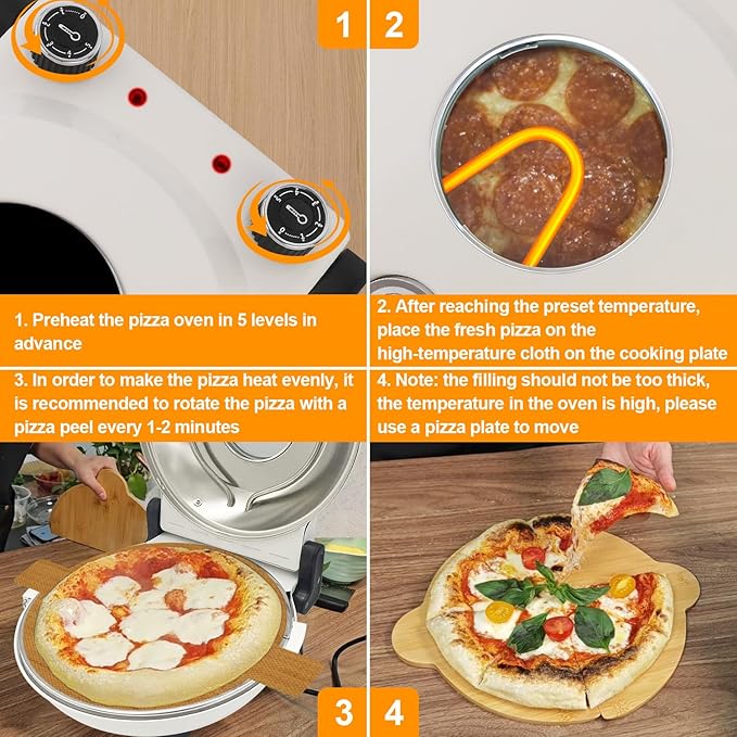 Pizza Oven Indoor, 12 Inch Retro Pizza Maker, Rapid Heating 800˚F, 1200W Glazed Ceramic Stone Electric Pizza Cooker, Two-button Precise Temperature Control, Viewing Window for Precise Cooking