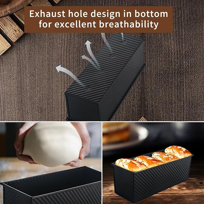 Black Pullman Loaf Pan with Lid, 13 Inch Pullman Bread Pan with Cover, 2.2LB & 1LB Dough Capacity, 2 Pack Sandwiches Bread Loaf Pan Nonstick, for Sourdough and Toast