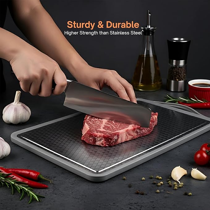 Premium Double Sided 304 Stainless Steel Cutting Board | Non Toxic, Heavy Duty Stainless Steel Chopping Board with Juice Groove | Dishwasher Safe Kitchen Board - Rubik Grooved Diamond