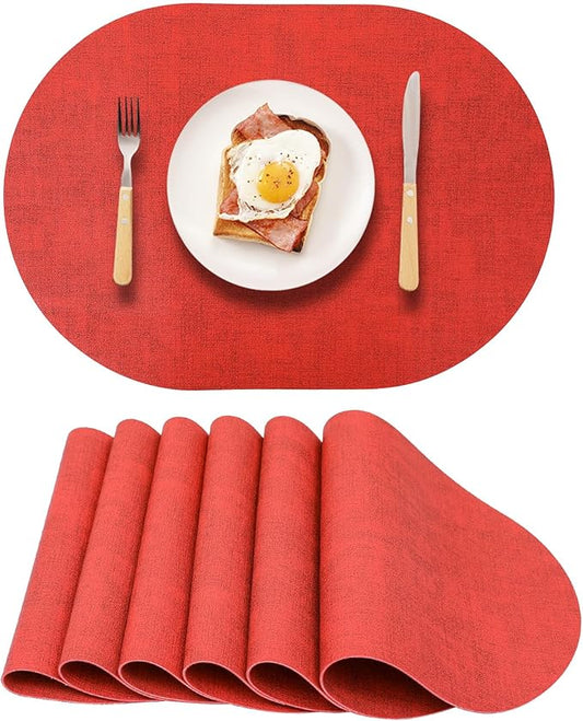 Red Placemats Set of 6 Oval,Waterproof Faux Leather Placemat Reversible,Heat Resistant Anti Slip Washable Table Placemats for Dining Table,Modern Table Protectors