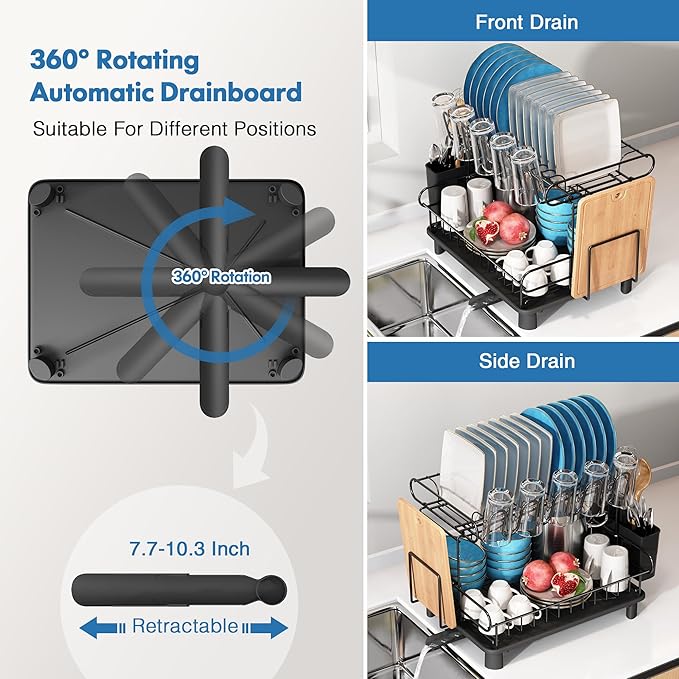 MAJALiS 2 Tier Black Large Stainless Steel Dish Drainers Drying Rack for Kitchen Counter with Drainboard, Rust Proof Metal, Space Saving, Modern Aesthetic, Compact Plates Strainers