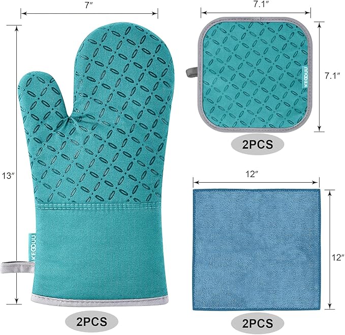 KEGOUU Oven Mitts and Pot Holders 6pcs Set, Kitchen Oven Glove High Heat Resistant 500 Degree Extra Long Oven Mitts and Potholder with Non-Slip Silicone Surface for Cooking (Lake Blue)