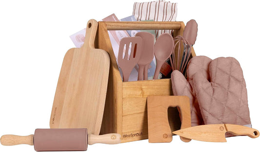 WeeSprout Little Chef Kids Cooking & Baking Set, 14 Piece Cooking Set with Real Kitchen Tools & Kids Apron, Baking Gift for Girls, Boys & Junior Chefs, Food Grade Materials, Choice of Colors