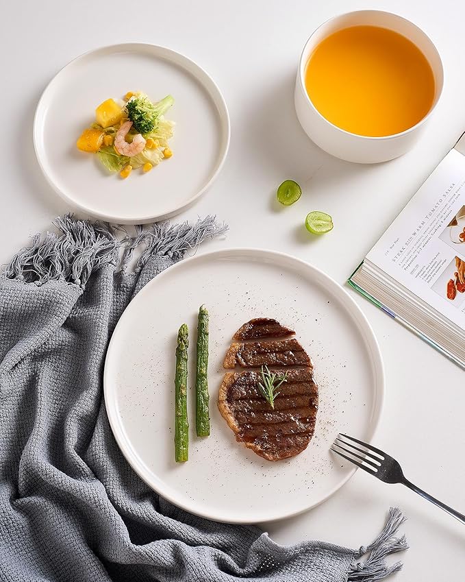 Famiware Porcelain Dinnerware Set, 12-Piece Modern Plate and Bowl Set, Dish Set for 4, Microwave and Dishwasher Safe Tableware, White