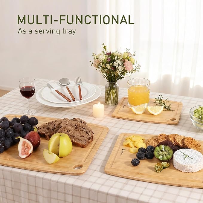 Lightweight Durable Bamboo Cutting Board Set with Non-Slip Feet, Wood Cutting Board for Busy Kitchen, Easy Clean Wooden Chopping Boards with Juice Groove Best House Warming Gift Set of 3 (S+M+L)