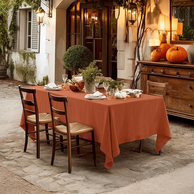 Linen World Fall Linen Tablecloth 120" x 60" Inch,French Linen Washable Rectangular Table Cloth for Dining,Outdoor, Weddings and Restaurants,Decorative Thanksgiving Christmas,Burnt Orange