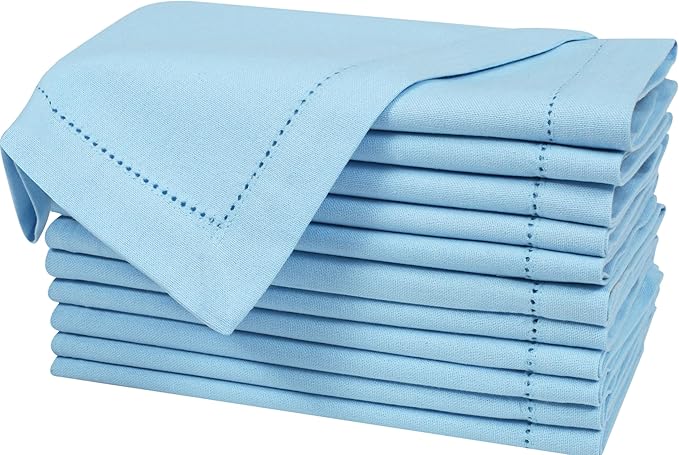 Bedding Craft Cloth Dinner Napkins Set of 12 – 18x18 Airy Blue Linen-Look Hemstitched – Soft Machine Washable Reusable Napkins for Weddings, Parties & Elegant Table Settings