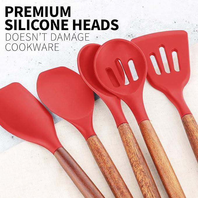 Zulay Kitchen Utensils Set Non-Stick Silicone Cooking Utensils Set with Authentic Acacia Wood Handles - 5 Piece Silicone Utensil Set - Kitchen Utensils Set with 464°F Heat Resistance - Red
