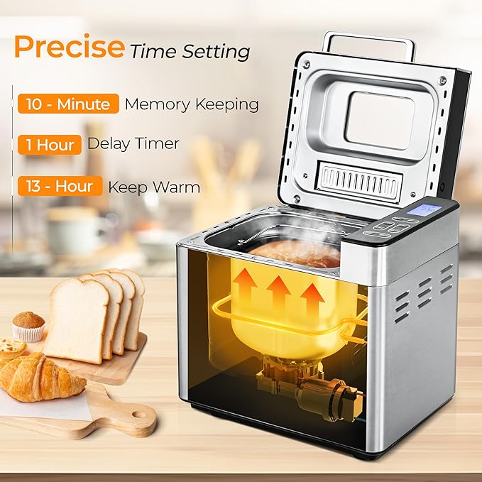 EUHOMY Bread Maker Machine 13-in-1 Bread Machine, Dough Maker, Auto Nut Dispenser & Ceramic Pan, 2LB and 3 Loaf Sizes & 3 Crust Colors, 650W Bread Machine with Keep Warm Set, Whole Wheat