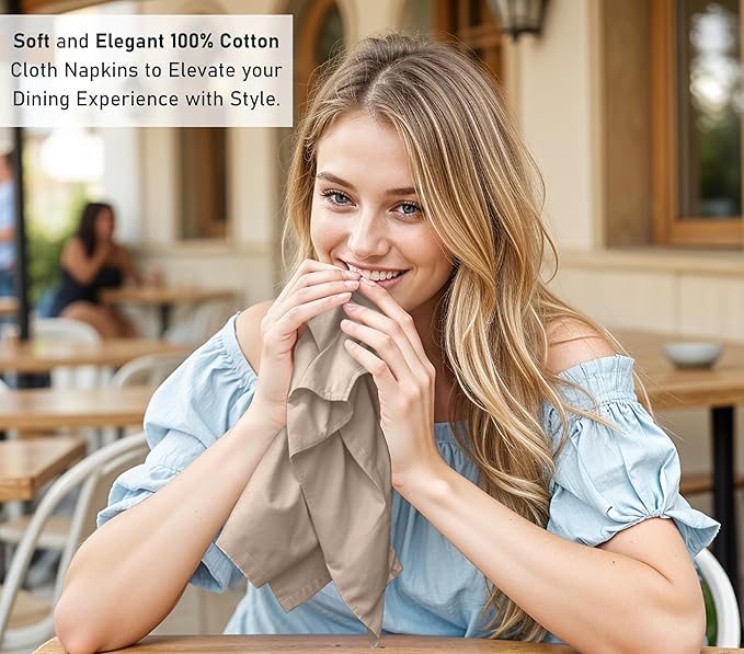 Ruvanti Cloth Napkins Set of 12, 18x18 Inches, 100% Cotton, Washable, Soft & Absorbent, Perfect for Wedding, Christmas, ‎Thanksgiving Dinners - Light Taupe