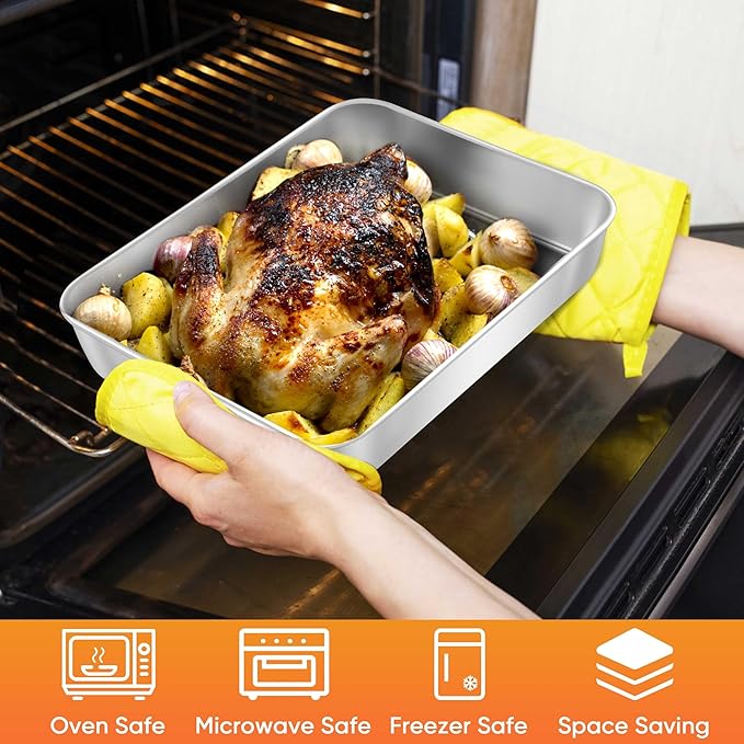 Herogo 10.5" x 8" x 2" Deep Baking Pan Set of 2, Stainless Steel Rectangle Sheet Cake Pan for Lasagna Brownies Casseroles Cakes, Dishwasher Safe & Durable