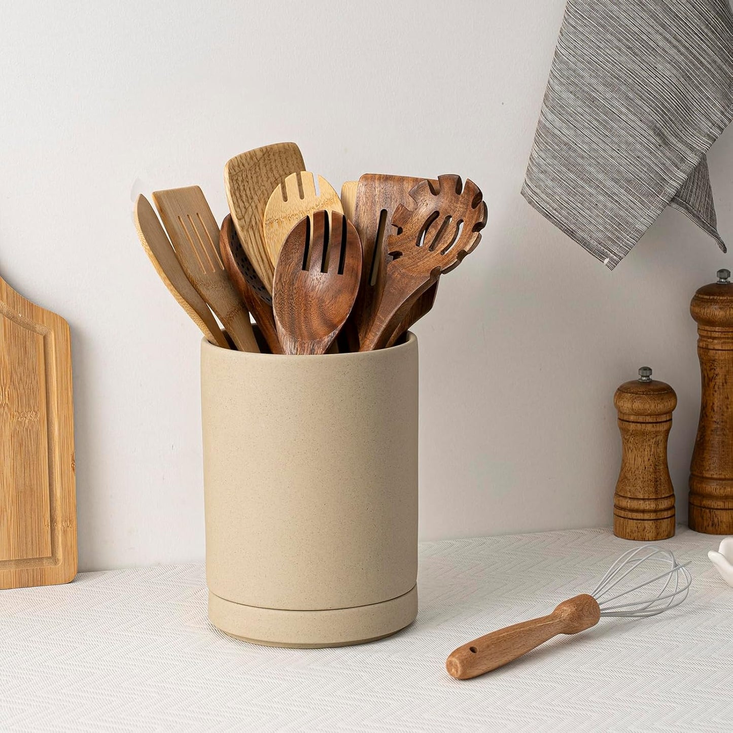 Utensil Holder, 7.3" Ceramic 2-in-1 Utensil Holder Set with Base for Countertop, Cooking Utensil Crocks for Kitchen Counter, Organizer for Spatulas & Spoons, Farmhouse Decor, Pottery Clay