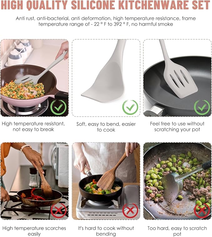 Kitchen Utensils Set-12 Pieces Silicone Cooking Utensils Set (Dishwasher Safe) 392°F Heat Resistant Spatula Set, Nonstick Cookware