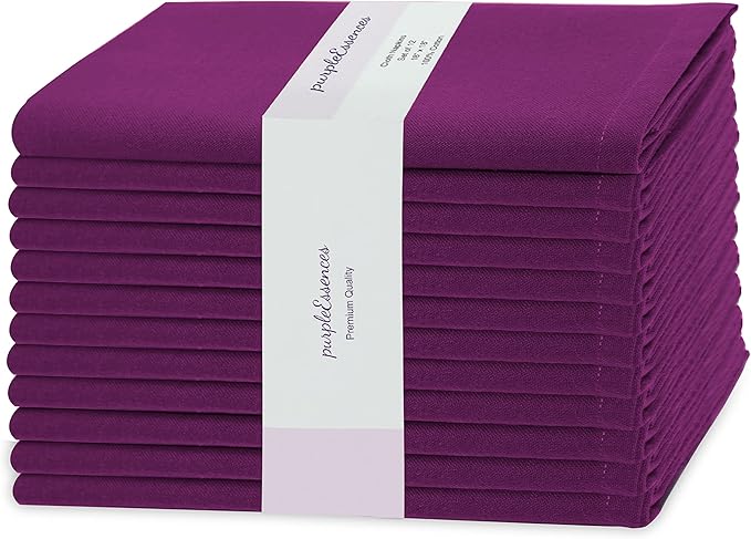 PurpleEssences Set of 12 Cloth Dinner Napkins 100% Cotton 18x18 Inch - Soft Durable Washable - Ideal for Farmhouse Party Christmas Holiday Winter - Perfect Everyday Use Table Linen - Purple