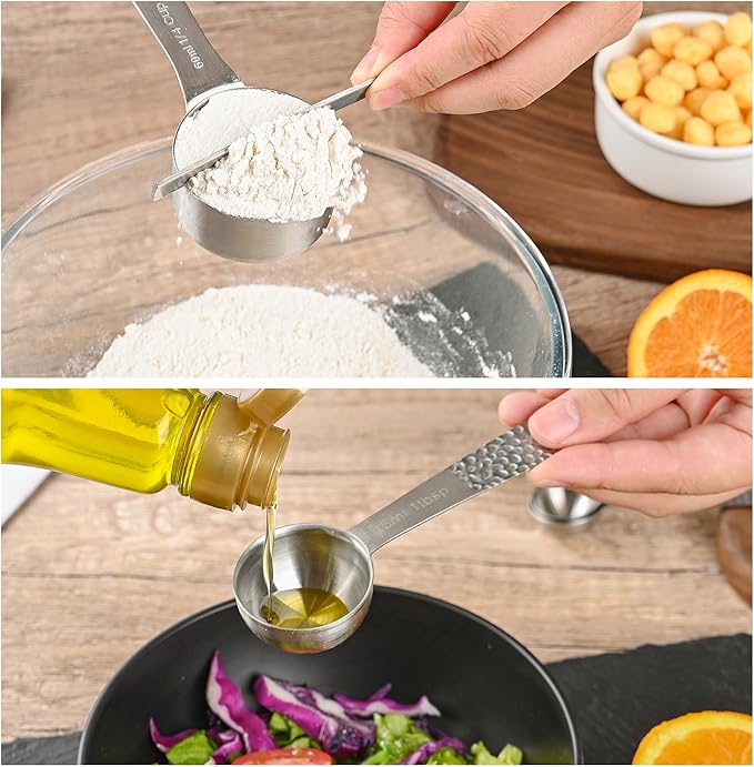 Measuring Cups and Spoons Set 14, Stainless Steel Measuring Cups and Spoons set for Baking & Kitchen, 5 Metric & US Measuring Cups and 6 Measuring Spoons,1Leveler and 2Rings for Dry & Liquid