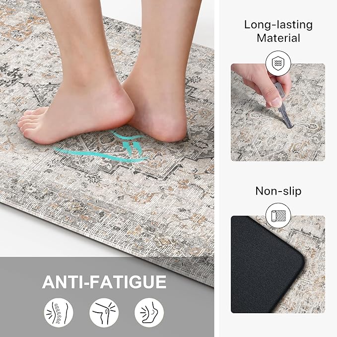 GENIMO Kitchen Mats for Floor 2PCs, Washable Anti Fatigue Mat for Cushioned, 20"x48"+20"x32", Waterproof Kitchen Rugs, Non Slip Comfort Standing Mat Rug for Home, Sink, Laundry, LightTaupeBrown