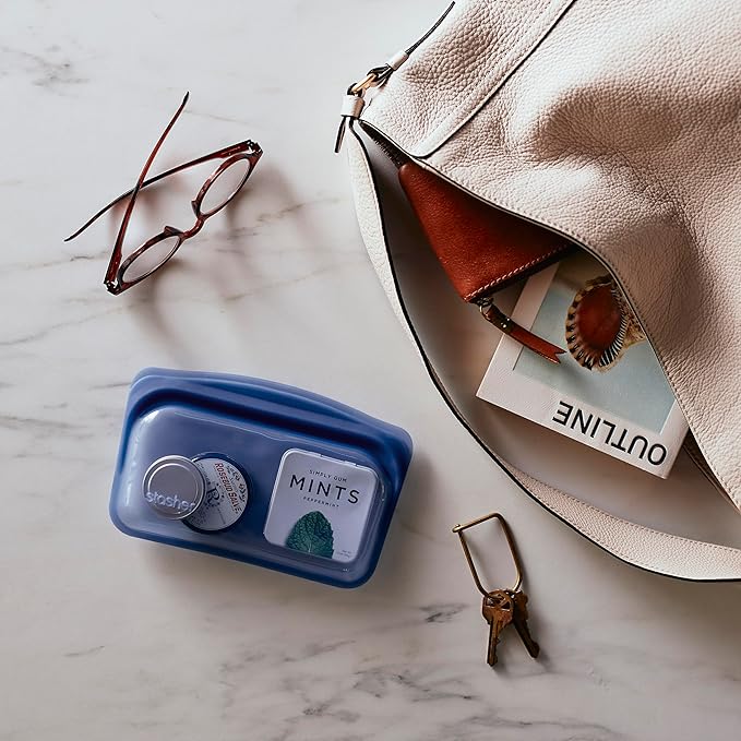 Stasher On-The-Go Boxed Starter Kit 5-Pack, Premium Silicone Reuseable Food Storage Bags, Deep Ocean, Water Bottle, Multi-Use Travel Containers, BPA Free, Leak-free, Dishwasher Safe, Eco-Friendly