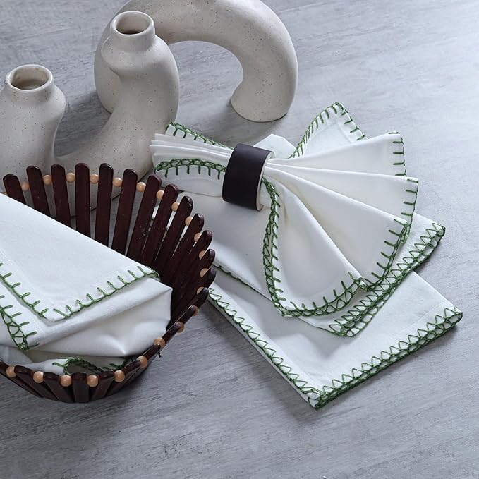 Bedding Craft Cotton Cloth Dinner Napkins Set of 12 – 18x18 Salted Lime Green Cloth Napkins with Blanket Stitch Selvedge – Durable Washable Wedding Napkins for Dining Table, Banquets & Everyday Use