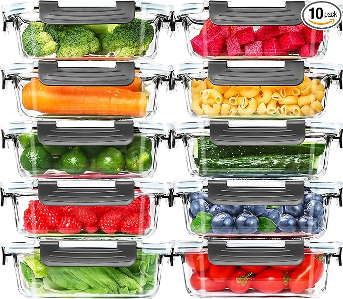 Skroam 10 Pack Glass Meal Prep Containers, 22 OZ Glass Airtight Food Storage Containers with Lids, Pantry Kitchen Storage Containers for Lunch, Food Storage, Meal Prep, Lunch Bento Boxes