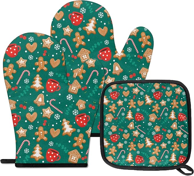 Oven Mitts Pot Holders Set 3 for Kitchen, Christmas Candy Biscuit Insulation Oven Gloves Heat Resistant Pot Pads Cook Essentials Accessories for BBQ Baking Cooking Kitchen Decor Gifts for Women