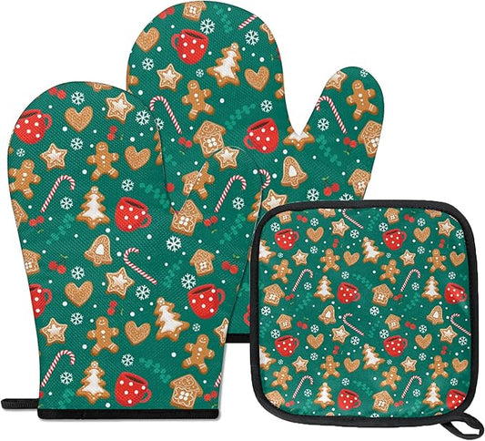 Oven Mitts Pot Holders Set 3 for Kitchen, Christmas Candy Biscuit Insulation Oven Gloves Heat Resistant Pot Pads Cook Essentials Accessories for BBQ Baking Cooking Kitchen Decor Gifts for Women