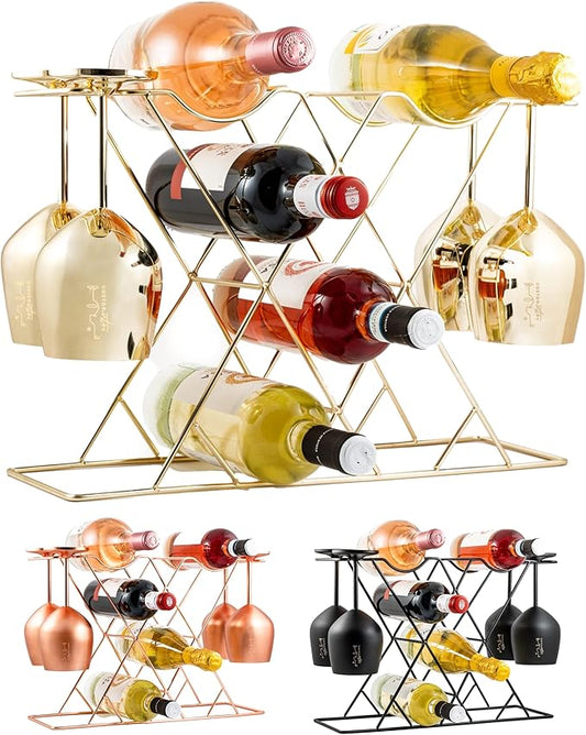 Gusto Nostro Countertop Wine Rack with Glass Holder for 8 Bottles & 4 Glasses - Tabletop Modern Small Wine Rack for Home Kitchen Cabinet Wine Cellar Storage - No Assembly Wine Bottle Holder (Gold)