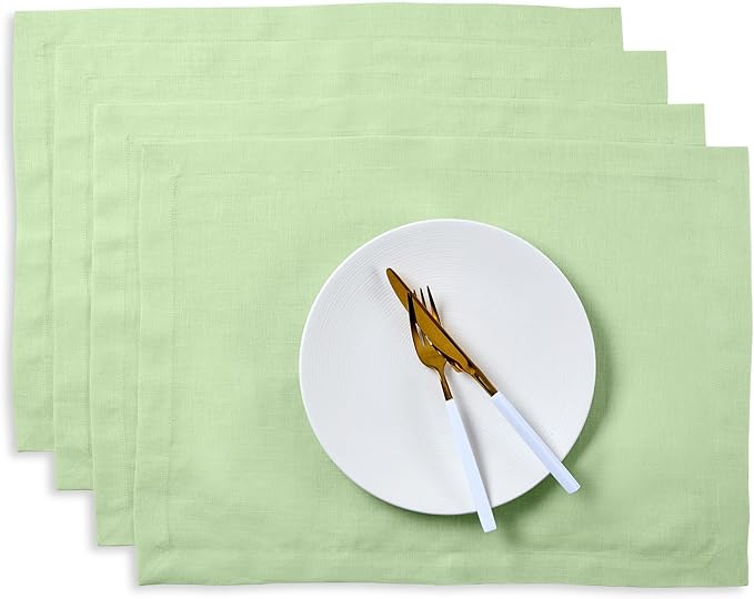 Solino Home Linen Cloth Placemats Set of 4-100% Pure Linen Pastel Green Placemats 14 x 19 Inch - Fete