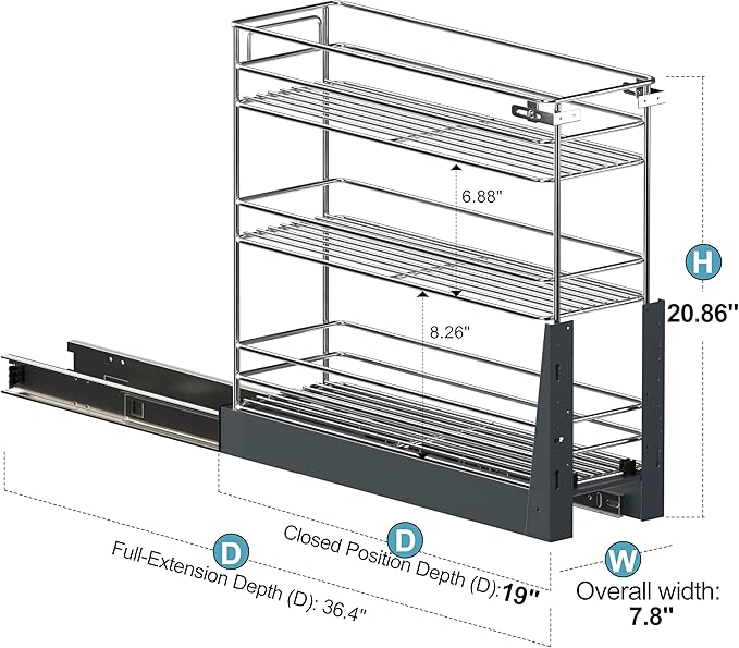 Pull Out Spice Rack for Narrow Cabinet (7.8" W X 19.7" D), Heavy Duty 3 Tier narrow PullOut Cabinet Organizer and Slide Out Shelves for inside Base Cabinets, Filler Pantry Storage