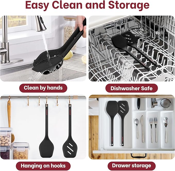 Silicone Spatula Set (BPA-Free), 600°F Heat Resistant Spatulas for Non-Stick Pans, 2 Pack Solid & Slotted Silicone Turner, One-Piece Cooking Spatula Turners for Kitchen Use, Black