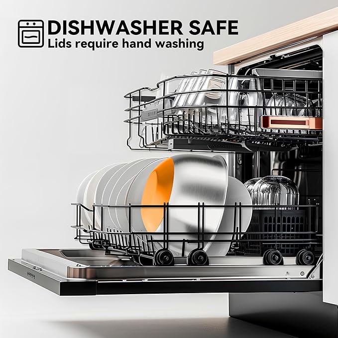 Stainless Steel Mixing Bowls with Lids – Set of 5 Large Nesting Metal Bowls for Kitchen, Baking, Cooking, Food Prep & Storage, Non-Slip Base, Dishwasher Safe,Orange