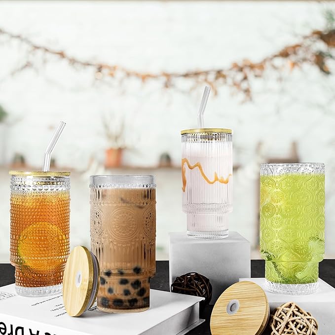 2 Pcs 16 oz Glasses Cups Set with Bamboo Lids Straws Brush Hobnail Glassware Set for Juice Iced Coffee Beer and Cocktail Whiskey(Hobnail*2)