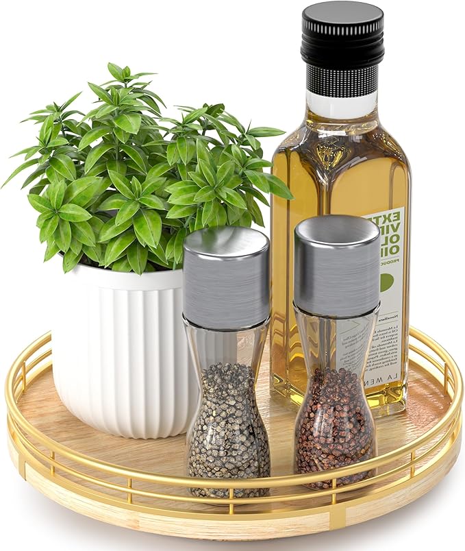 Farmhouse Oak 9" Lazy Susan Turntable Organizer for Cabinet, Round Wooden Lazy Susan Organization and Storage for Dining Table, Pantry, Kitchen, Countertop, Cupboard,Home Decor