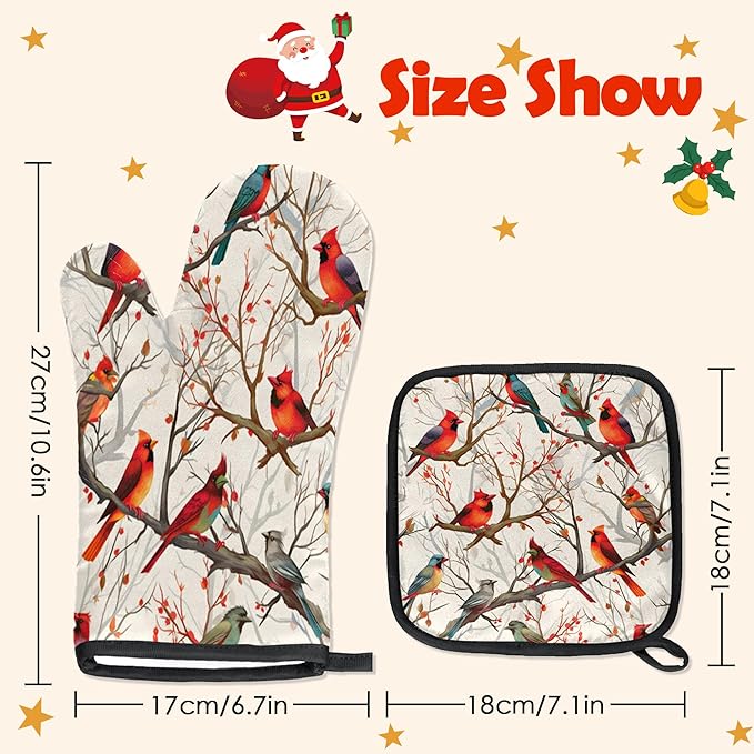 Oven Mitts Pot Holders Set 3 for Kitchen, Christmas Cardinal Insulation Oven Gloves Heat Resistant Pot Pads Cook Essentials Accessories for BBQ Baking Cooking Kitchen Decor Gifts for Women