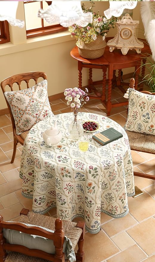 Floral Tablecloth for Round Tables,Linen Table Cloth with Colorful Flowers Pattern,Heavy Durable Table Cover for Dining Thanksgiving Kitchen Decor Party Christmas, Diameter 67"