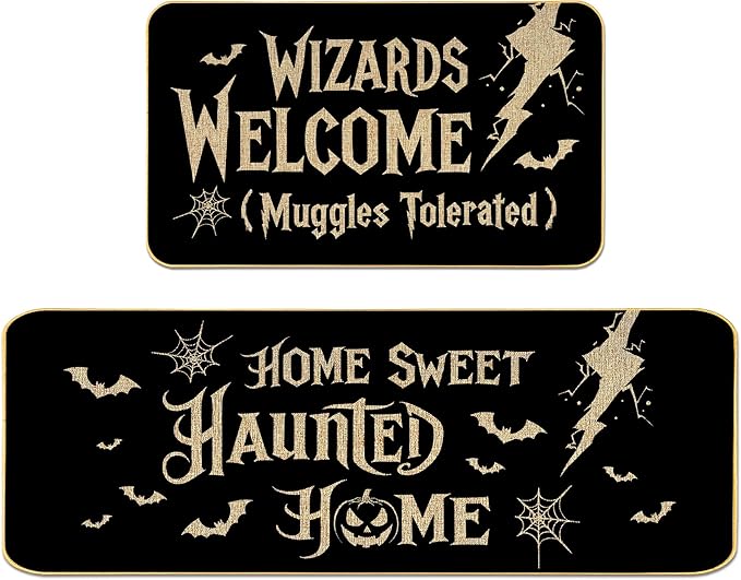 Halloween Kitchen Mat Set, 17"x29"and17 x47 Non-Slip Floor Rugs with “Wizards Welcome Muggles Tolerated” and “Home Sweet Haunted Home” Designs, Indoor Outdoor Spooky Halloween Decor
