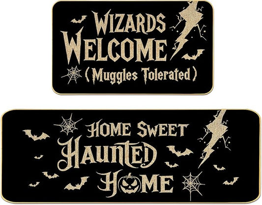Halloween Kitchen Mat Set, 17"x29"and17 x47 Non-Slip Floor Rugs with “Wizards Welcome Muggles Tolerated” and “Home Sweet Haunted Home” Designs, Indoor Outdoor Spooky Halloween Decor