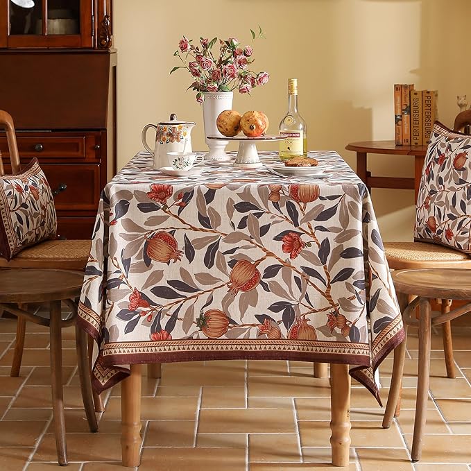 patdrea Designer Brown Tablecloth for Square Tables,Framhouse Linen Pomegranates and Leaves Tree Pattern Linen Tablecloth,Fall Fruits Table Cover Cloth Decor for Kitchen Dining Christmas,67"*67"