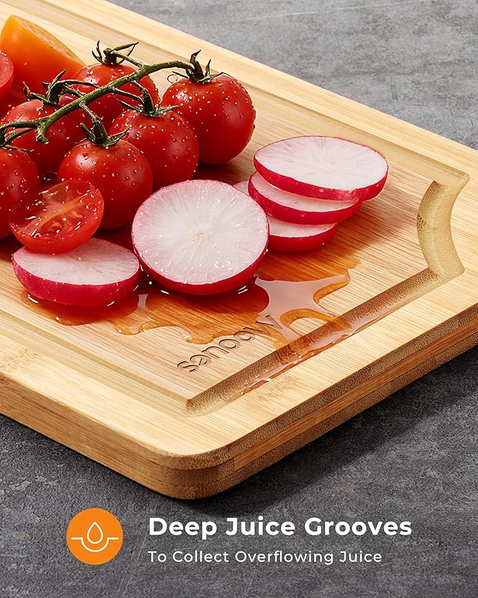 Carbonized Bamboo Cutting Board for Kitchen, Knife-Friendly Wooden Cutting Boards Set 3-Piece with Juice Groove, Durable Chopping Boards for Meat, Vegetables, Fruits, Cheese(Natural)