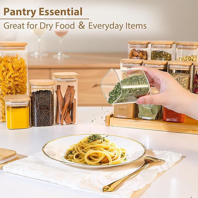 12 Pack 4 oz Square Glass Spice Jars with Lids and Labels – Airtight Small Seasoning Containers Set, Clear Glass Storage Jars for Seasoning, Spices, Kitchen Pantry Organization