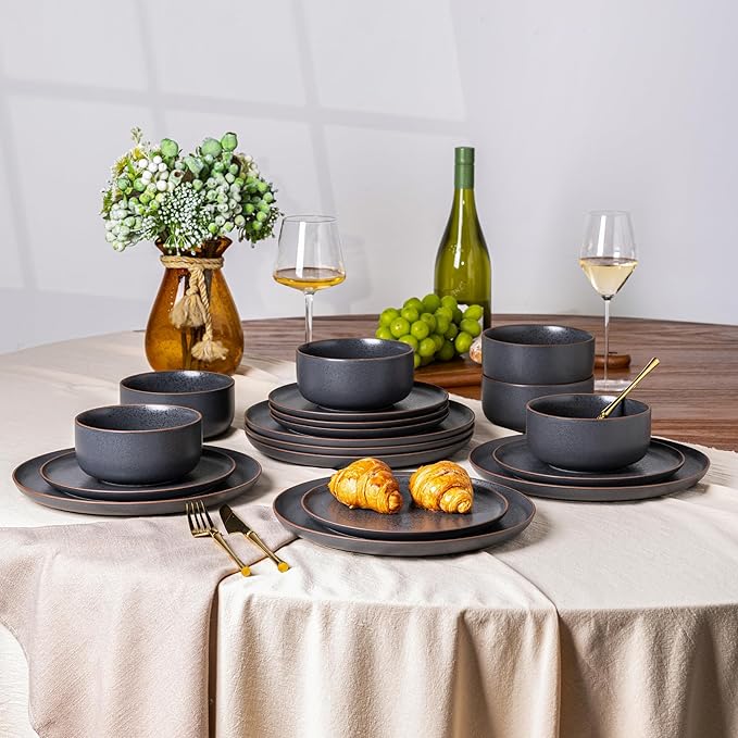 LERATIO Stoneware Dinnerware Sets for 6,Handcarft Ceramic Plates and Bowls Sets,Chip and Scratch Resistant Dishes, Dishwasher & Microwave Safe, Oven safe,Reactive Glaze-Speckled Ashen