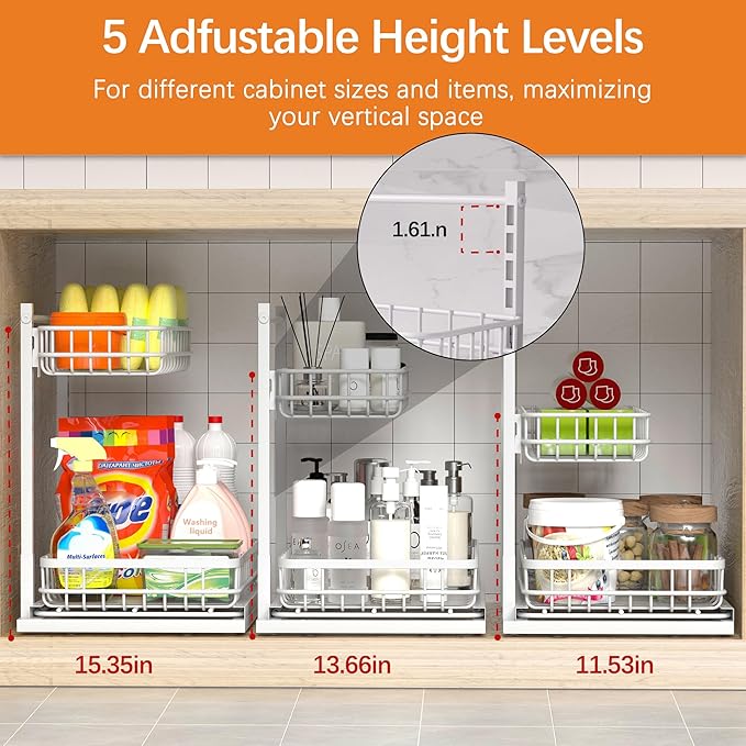 Under Sink Organizer, Adjustable Height Pull-Out Kitchen Storage Organization,15.8" x 11.8" x 16.5",2-Tier Kitchen Shelf,Bathroom Drawer Organizer, White