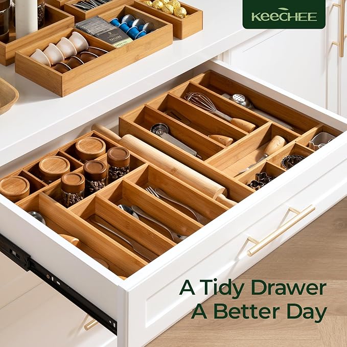 Carbonized Bamboo Kitchen Drawer Organizer, 8 Slots Silverware Organizer, Utensil Holder & Cutlery Tray, 2.2" Deep for Extra Capacity, Non-Slip Feet Included