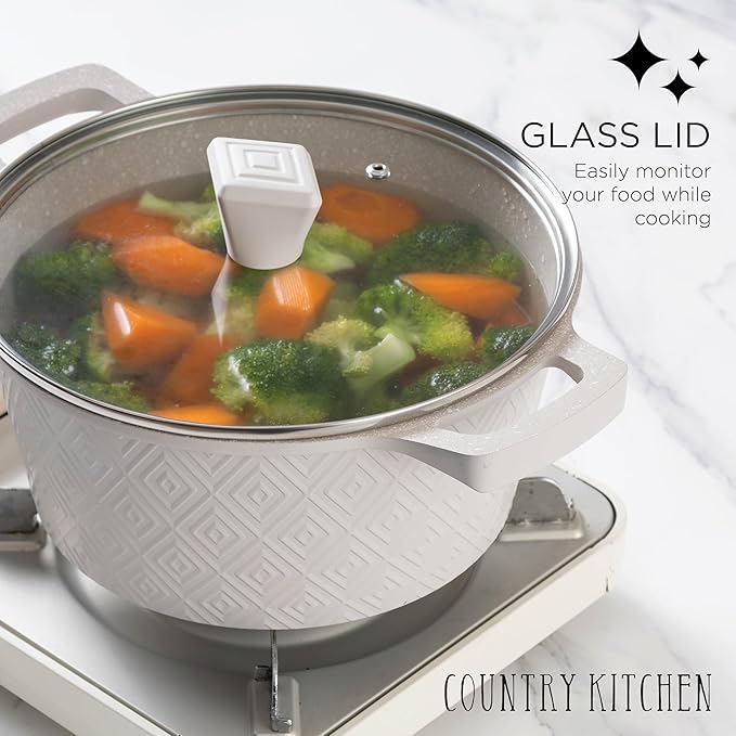 Country Kitchen Non-Stick Cast Aluminum Cookware Set - Durable Kitchen Cookware for Everyday Cooking, Cream Rhombus, 11 Pc.