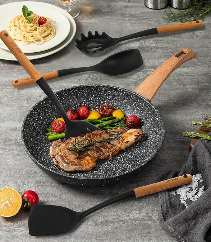 Large Silicone Cooking Utensils Set, 10Pcs Nonstick Kitchen Utensil Set with Wooden Handle, Heat Resistant Silicone Utensils for Cooking, BPA Free Spatula Set with Turners Spoon Ladle Skimmer(Black)