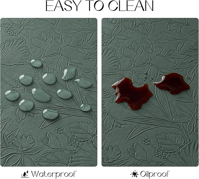 Romanstile Vinyl Placemats Set of 4-12 X 18 Inch - Heat Resistant Non-Slip Embossed Floral Place Mats 100% Waterproof Oilproof Wipeable Faux Leather Table Mats for Kitchen/Dining/Party, Green