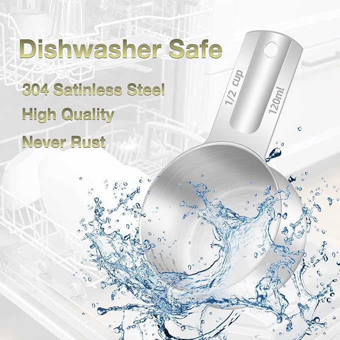 1PCS 1/2Cup (120ml, 4oz) Single Measuring Cup, Etched Inner Scale Stainless Steel Measure Scoop, Metric and US Measurement, Dishwasher Safe
