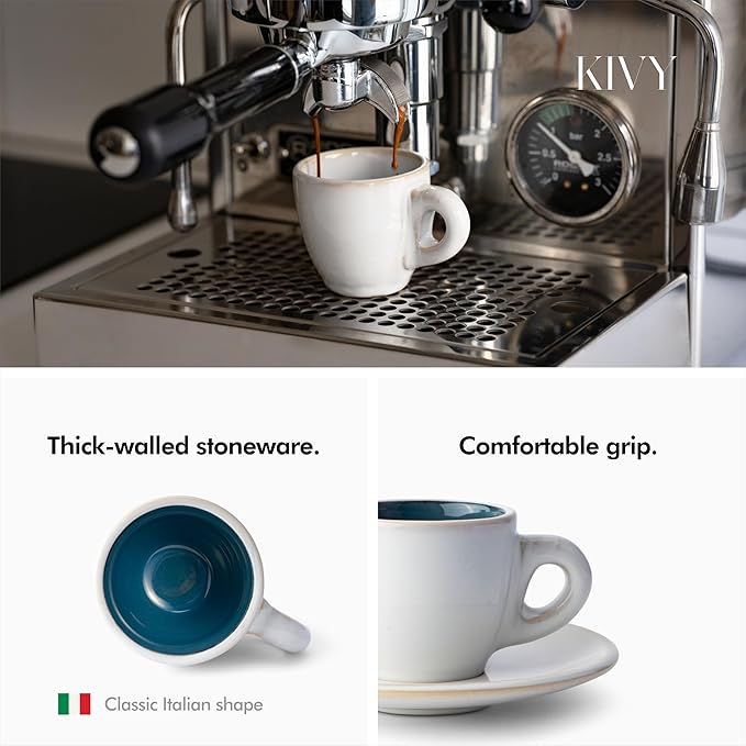 KIVY 3 oz Espresso cups set of 4 - Thick walled stoneware espresso cup set - Italian style espresso cups and saucers - Expresso shots cup - Small coffee mugs and saucers - Blue