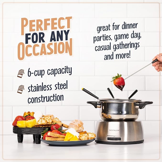 Nostalgia 6-Cup Electric Fondue Pot Set for Cheese & Chocolate - 6 Color-Coded Forks, Temperature Control - Stainless Steel Kitchen Gadgets and Appliances for Hors d'Oeuvres and More - Stainless Steel