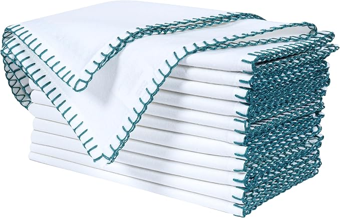 Bedding Craft Cotton Cloth Dinner Napkins Set of 12 –18x18 Funfare Multi-Color Fabric Napkins with Blanket Stitch Selvedge – Washable Wedding Napkins for Parties, Restaurants, Dining & Table Settings